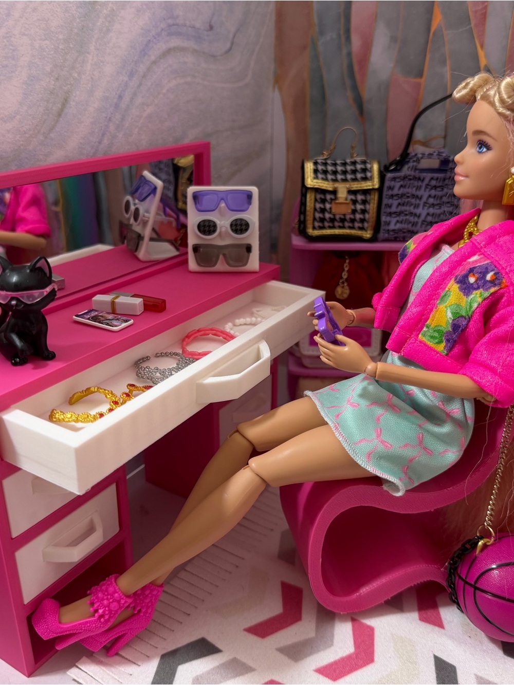Barbie Vanity Makeup Table with Mirror and Chair | 11.5 Inch Doll Furniture